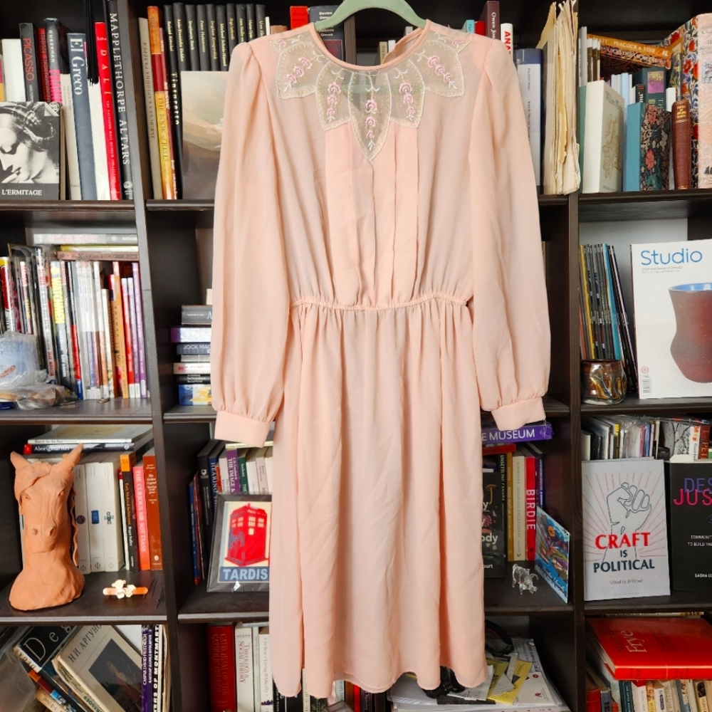Blush Pink Rose Embroidered Sheer Pleated Vintage Midi Dress size L